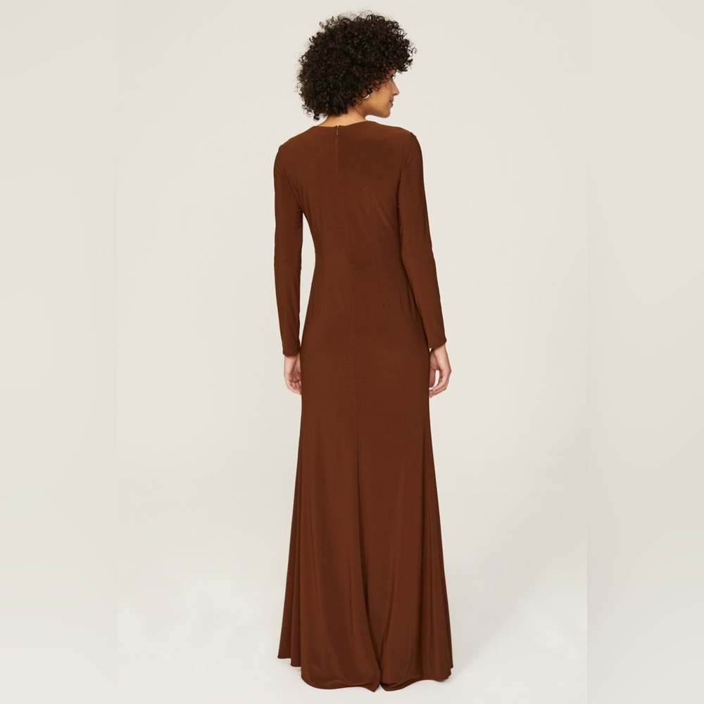 Mac Duggal Ieena Keyhole Draped Maxi Gown Long Sleeve Dress Size 14 Chocolate - Picture 3 of 12